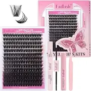 FADLASH Lash Extension DIY Kit Lash Clusters D Curl Cluster Lashes with Lash Bond and Seal Cluster Lashes Glue Remover Lash Tweezers for DIY Eyelash Extension at Home（Kit 100D-0.07D-12-18MIX）