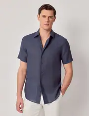 Hawes & Curtis Navy Pure Linen Slim Short Sleeve Shirt | One Piece Collar Size: Small