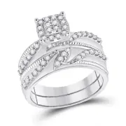 10kt White Gold His Hers Round Diamond Cluster Matching Bridal Wedding Ring