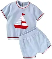 OGISO(おぎそ) (0-4 Years Old Baby Children's Clothes) 100% Cotton, Sailboat Pattern, Summer Knit, Infant 100% Cotton, Beige, Light Blue, Navy, 70, 80, 90, 100