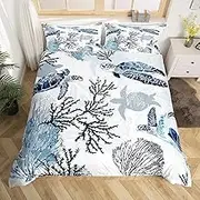 Turtle Bedding Set Full Nautical Coastal Bedding,White Blue Sea Turtle Comforter Cover for Kids Boys Girls,Reptile Tortoise Duvet Cover Ocean Beach Theme Quilt Cover Kawaii Sea Animal Bedspread Cover