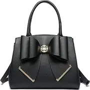[Like Dreams] Women's Classic Textured Vegan Leather Double Bow Top Handle Fashion Satchel Handbag