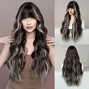 KAMIMASU Mixed Black Wigs Highlight Blonde White Wigs with Bangs Wig Glueless High Density Synthetic Wig Heat Resistant Fiber Wig for Woman 24inch