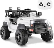 HONEY JOY 12V Kids Ride On Car Jeep, Remote Control Battery Powered Electric Car with Spring Suspension, Seat Belt, Headlights, Music, USB & Aux Port, Electric Ride On Toy Car for Kids (White)