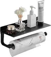 Danpoo Wall Mount Paper Towel Holder with Shelf for Bathroom, Kitchen Paper Towel Roll Holder, Hand Towel Holder Adhesive, Matte Black