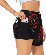 [WURTON] Black White and Red Roses Print Exercise Gym Workout Shorts Women's Athletic Shorts Dual-Layered Yoga Running Shorts