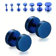 Pair Blue Flat Round Barbell Plug Stud Earrings 316 Stainless Steel Mens Unisex