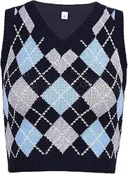Women's Sweater Vests Argyle Plaid Knitted Tank Streetwear V Neck Waistcoat Pullover Knitwear Crop Top