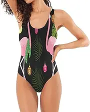 [RPLIFE] Pink Flamingos Christmas Womens Swim Suit, Open Back Swimsuits for Women Basic One-Piece Swimsuit