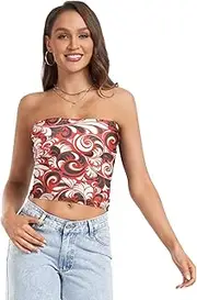[GuoChe] Women's Crop Tops Retro Floral Black White Red Sleeveless Ribbed Tube Top Strapless Shirt for Summer Gym