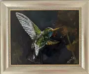 One of a kind flying hummingbird original oil painting silver black frame 8x10
