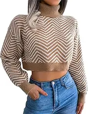 [Generic] Women's Cropped Zigzag Pattern Sweater - Long Sleeve High Neck Knitted Pullover Top