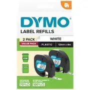 DYMO Letratag Plastic Label Tape 12mm Black on White 2PK