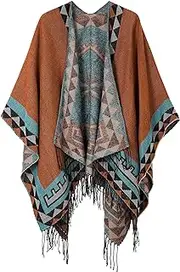 [Urban CoCo] Women's Vintage Pattern Tassel Poncho Shawl Cape