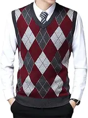 [Fulbant] Middle-Aged Pullover Sweater Men's Diamond Plaid Sleeveless Vest in Fall and Winter