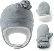 [Brook + Bay] Baby & Toddler Sherpa Lined Fleece Winter Hat & Mitten Set - Warm Snow Trapper Pom Hat & Gloves for Infant Kids, Boys & Girls