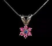 Red Emerald (beryl) & Benitoite Flower Pendant in 18K White Gold