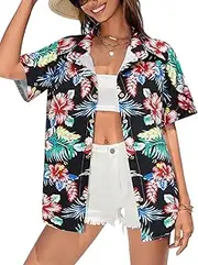 [Grbmose] Womens Hawaiian Shirts Soft Cool Floral Print T-Shirt V Neck Short Sleeve Tropical Button Up Tops, Black, XX-Large