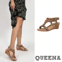 在飛比找momo購物網優惠-【QUEENA】坡跟涼鞋 工字涼鞋/波西米亞民族風花朵串珠燙