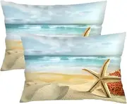 Beach Theme Throw Pillow Cover Standard Size Set of 2 Nautical Coastal Tropical Summer Ocean Starfish Lumbar Pillow Case Decorative Queen Pillow Cases with Zipper Cushion Covers for Bed,Couch,20"x30"