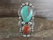 Navajo Sterling Silver Turquoise & Coral Adjustable Ring Size 10 to 12 - Clev...