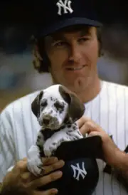 New York Yankees Sparky Lyle with puppy dog, animal before g - 1972 Old Photo