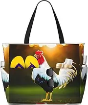 [Ghjkfbf] Shine Rooster Print Large Capacity Beach Travel Bag For Family, Beach Tote Bag For Women With Zipper Pockets, Black, One Size