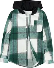 [QLIPIN] Boys Flannel Shirts Plaid Hooded Button Down Long Sleeve Shirt Fall Winter Clothes Lightweight Shacket Jacket