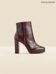 Sosandar Brown Croc Effect Leather Block Heel Platform Ankle Boots (Q49050) | $227