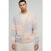 Mens Grey Oversized Boxy Ombre Stripe Knitted Cardigan