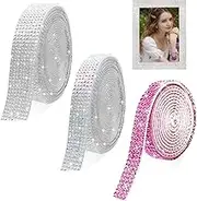 3 Roll/Yard Rhinestone Stickers Self Adhesive,Glowing Strips Fabric, Glitter Ribbon Rhinestones for Crafting, Glitter Ribbon,Glowing Strips for DIY Car Shoes Clothes Décor(Rose red AB Silver)