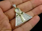 14K Two Tone Gold Plated 2 Ct Round Cut Real Moissanite Charm Ankh Cross Pendant