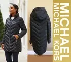 NWT Michael Kors Packable Down Fill Black Puffer Longline Jacket XL Hidden Hood