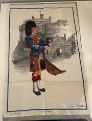 Vintage LAMONT Scotland Linen Tea Towel Royal Scots Dragoon Guard Bagpipe UNUSED