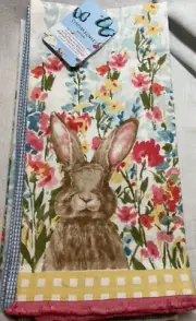 CYNTHIA ROWLEY KITCHEN TOWELS (3) RABBIT FLOWERS PINK YELLOW BLUE 100 COTTON NWT