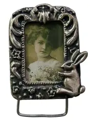 Vintage Mini Metal Photo Picture Frame Bunny Rabbit Ornate Design Silver Color