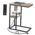 C Shaped End Table with Charging Station, Small Side Table for Couch, Greige