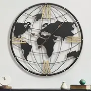 Large World Map Wall Clock, Metal Minimalist Modern Silent Clock for Wall with Vintage Gold Roman for Office,Living Room,Kitchen,Dining Room.