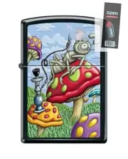 Zippo 4361 Smoking Bug Mushroom Design Black Matte Lighter + FLINT PACK