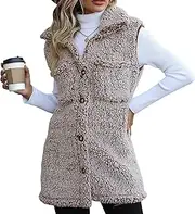 [FEOYA] Women Fuzzy Cardigan Vest Button Down Fleece Sherpa Vest Sleeveless Winter Warm Jacket Coat with Pocket