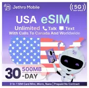 Jethro Mobile eSIM Phone Card Unlimited Talk, Text & 500MB High-Speed Data, 1 MO