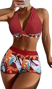 [SEAUR] Bikini Set Women's Two Piece Swimsuit Swimming Shorts with Bikini Top Floral Pattern Summer Swimwear Two Piece Swimsuit Swim Shorts Swimming Pool Beach S M L XL
