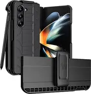 Case with Clip and S Pen Slot for Galaxy Z Fold 5 5G, Nakedcellphone Tactical Cover and Custom Belt Hip Holster Holder View Stand Combo for Samsung Z Fold5 Phone (SM-F946U, 2023) - Matte Black