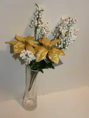 Set 2 14" Wedding Christmas Pick, w Gold Poinsettia Flower & Snow ball accents