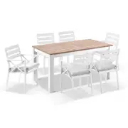 Balmoral 1.8m Teak Top Aluminium Table with 6 Kansas Dining Chairs 6 Seats - White - Textured Olefin Grey