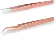 LANKIZ Eyelash Extension Tweezers Stainless Steel Straight and Curved Volume Lash Tweezers Set for Eyelash Extension Professional-Rose Gold