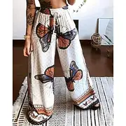 Women's Wide Leg Slacks Streetwear Casual Full Length Natural Butterfly Pocket Drawstring Print Comfortable Outdoor Vacation Street Black White Fall Regular Fi