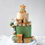 JeVenis Sage Green Bear Cake Decoration Baby Bear Natural Baby Shower Cake Topper Bears Train Cake Decoration Baby Shower Birthday Cake Decoration