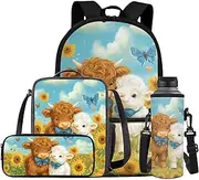 [FOR U DESIGNS] Corgi Backpack for Girls Kawaii Bookbag Set Large Capacity School Bags with water bottle holder 4 Piece, Highland Cow