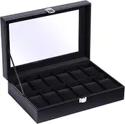 Ohuhu Watch Case Organizer Box - 12 Slot Black Watch Holder PU Leather Real Glass Lid Watch Display Case - Watch Storage Jewelry Organization for Men and Women Perfect Gifts